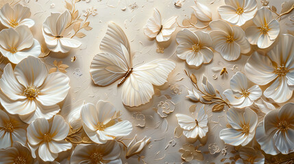 Golden-Trimmed White Butterflies and Florals, Luxurious 3D Wall Art - obrazy, fototapety, plakaty