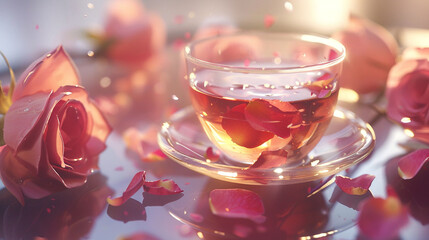 Soft focus capturing the ethereal beauty of rose petals floating in tea. - obrazy, fototapety, plakaty