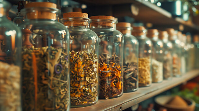 Close-up shots of jars filled with dried herbs, roots, and botanical extracts in a traditional herbalist's apothecary.