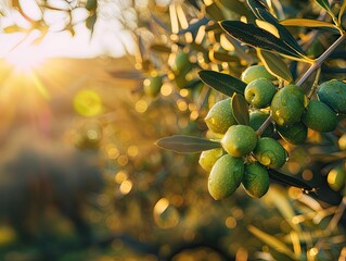 Spain's olive grove showcasing plump green olives hanging from a sunlit branch. Close-up capture of fresh olive fruits glistening in the sunlight on a clear day. - obrazy, fototapety, plakaty