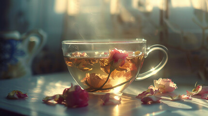 Sunlight filtering through a transparent teacup filled with fragrant rose tea. - obrazy, fototapety, plakaty