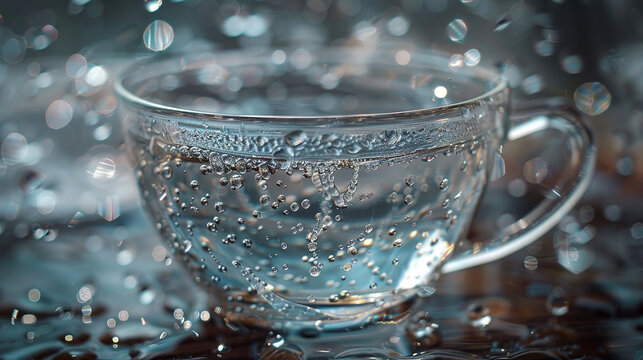 Sparkling water droplets clinging to the surface of a glass teacup.