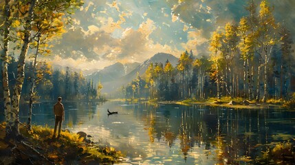  A pristine forest and tranquil pond, where the interplay of light and shadow creates a captivating...