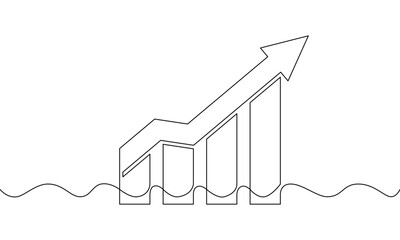 Continuous one line drawing of graph icon. Illustration vector of arrow up. Single line art of business growth. Increasing arrow. Bar chart