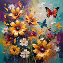 Acrylic and oil painting showcasing a graceful dance of butterflies amidst a riot of wildflowers, a symphony of color and movement.