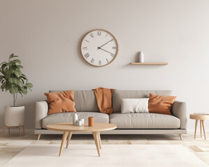 Warm and inviting living room with a midcentury modern sofa coffee table potted plant and wall clock - obrazy, fototapety, plakaty