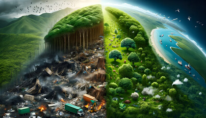 Conceptual image depicting the contrast between environmental destruction and a pristine natural ecosystem.