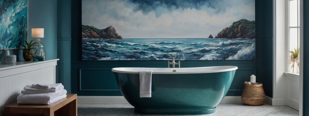 Coastal-themed bathroom with sea-inspired accents. - obrazy, fototapety, plakaty