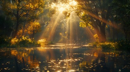A sun-dappled forest in the midst of summer, with golden rays of sunlight filtering through the...