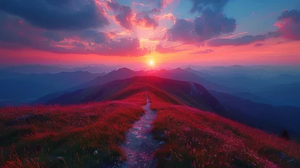 Zelfklevend Fotobehang Epic Mountain Sunset: A breathtaking landscape shot capturing the vibrant hues of a sunset over towering mountain peaks, evoking a sense of adventure.  © Nico