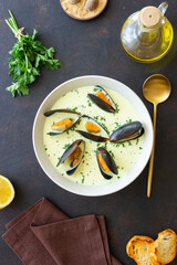 Creamy mussels soup. Seafood. Chowder. Healthy eating.