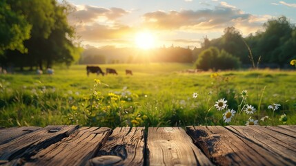 Obraz premium Wooden Table With Tractor in Background