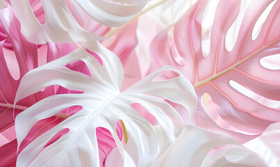 Detailed close-up of white and pink monstera leaves showing intricate patterns,  Generative AI 