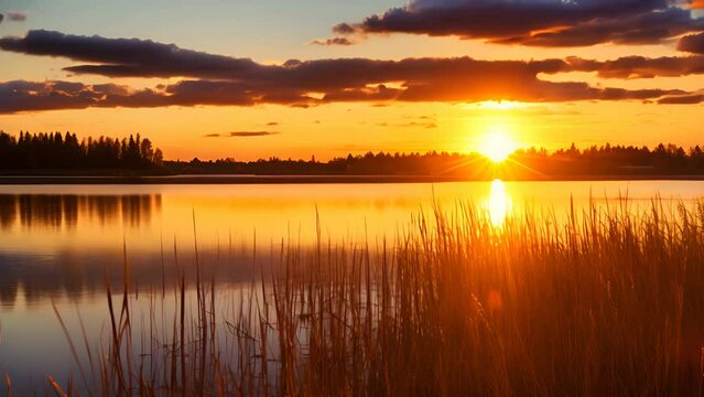 The setting sun casts a golden glow across the lake and illuminates the tall grass in the foreground.