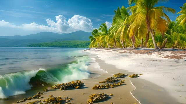 The beach is beautiful and quiet, with green palm trees and clear water