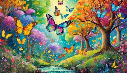 Fluttering Fantasia: Vibrant Butterflies and Colorful Trees Along the Road