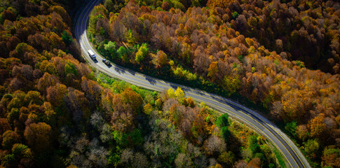 aerial view of inegol domanic road with beautiful autumn colors of nature, Kutahya, Turkey