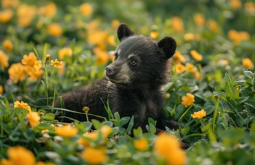 A cute baby bear cub is playing in the green grass with yellow flowers.