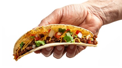 A hand holding a taco isolated on white background