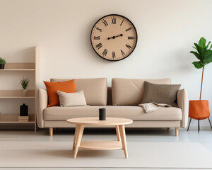 Modern living room interior with sofa coffee table clock and plants