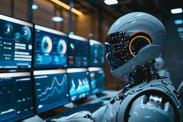 AI robots with screens displaying real time data analysis and learning big data in the world.