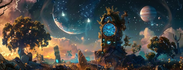 A Dreamy Nighttime Scene with a Clock Tower and a Moon Generative AI - obrazy, fototapety, plakaty