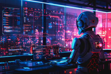 AI robots with screens displaying real time data analysis and learning big data in the world.