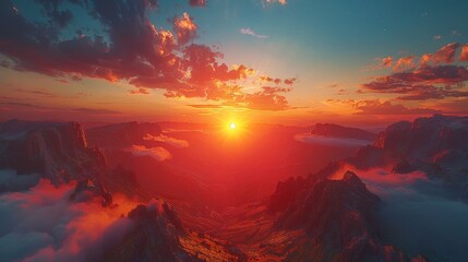 Epic Mountain Sunset: A breathtaking landscape shot capturing the vibrant hues of a sunset over towering mountain peaks, evoking a sense of adventure.  - obrazy, fototapety, plakaty
