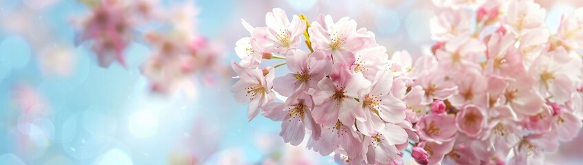 Cherry blossoms with blue sky background, banner with empty copy space.