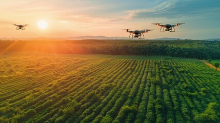 Small Planes Flying Over Field of Crops - obrazy, fototapety, plakaty