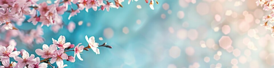 Cherry blossoms with blue sky background, banner with empty copy space. - obrazy, fototapety, plakaty