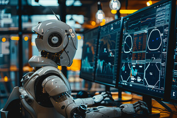AI robots with screens displaying real time data analysis and learning big data in the world.