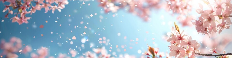 Cherry blossoms with blue sky background, banner with empty copy space. - obrazy, fototapety, plakaty
