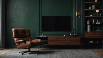 Dark green wall-mounted TV cabinet paired with a sleek leather armchair in a sophisticated mockup.