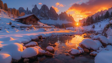 Epic Mountain Sunset: A breathtaking landscape shot capturing the vibrant hues of a sunset over towering mountain peaks, evoking a sense of adventure. 