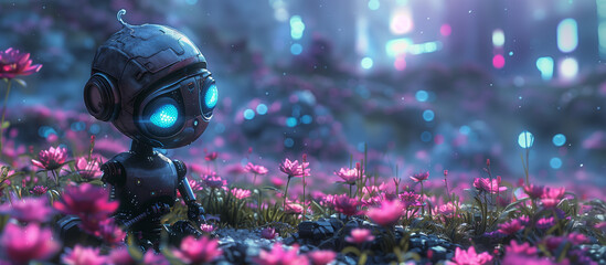 Robot in a futuristic city park filled with holographic Spring flowers