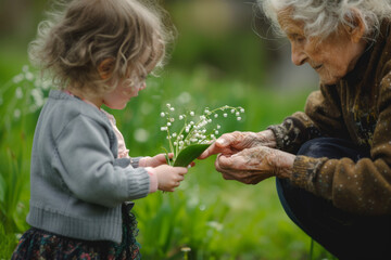 enfant offrant un brin de muguet en fleurs à sa grand-mère à l'occasion de la fête du 1er mai - obrazy, fototapety, plakaty