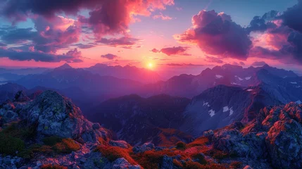 Peel and stick wall murals pruning Epic Mountain Sunset: A breathtaking landscape shot capturing the vibrant hues of a sunset over towering mountain peaks, evoking a sense of adventure. 