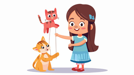 Little girl playing animals puppet Flat vecto