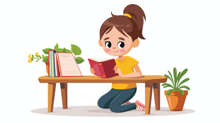 Obraz na płótnie Canvas Little girl reading a book on the desk Flat v