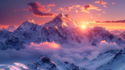 Gartenposter Epic Mountain Sunset: A breathtaking landscape shot capturing the vibrant hues of a sunset over towering mountain peaks, evoking a sense of adventure.  © Nico
