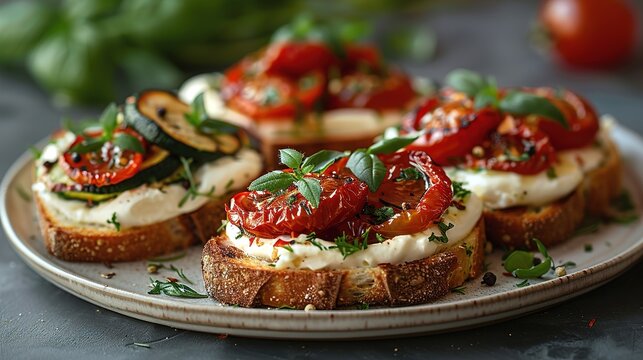 Italian bruschetta with roasted tomatoes, mozzarella cheese and herbs on a cutting board. Generative Ai. 