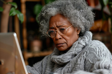 A Senior African American woman with glasses is sitting in front of a laptop computer, focused on the screen, possibly working or browsing the internet. Concept of concentration and productivity.
