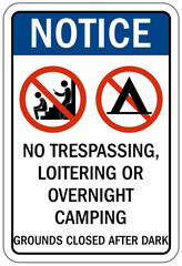Campsite prohibition sign no trespassing, loitering or overnight camping