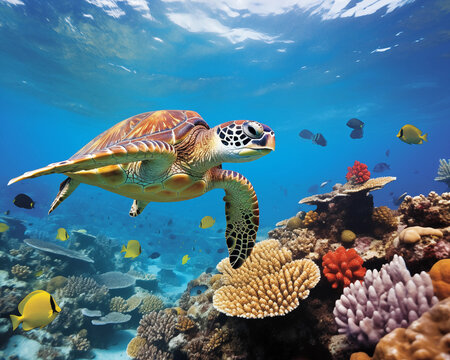 Graceful sea turtle glides over vibrant coral reef teeming with exotic fish