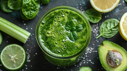 Green Smoothie Surrounded by Fruits and Vegetables - obrazy, fototapety, plakaty