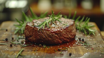 Raw beef steak on a dark wooden table. Generative Ai. 