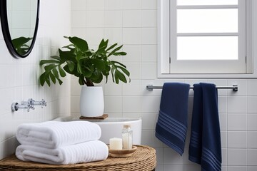 Seaside Serenity: Fresh Coastal Bathroom Ideas with White Tiles and Navy Blue Accents