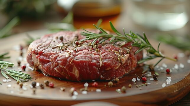 Raw beef steak on a dark wooden table. Generative Ai. 