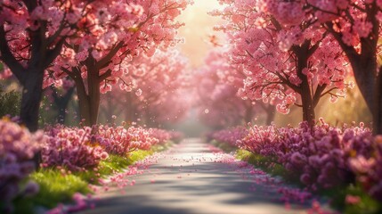 Tree-Lined Path With Pink Flowers